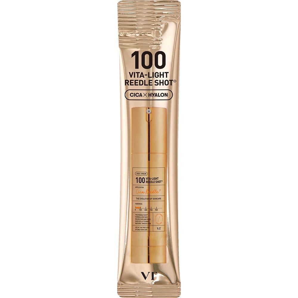 Individuele ampul van VT COSMETICS 100 Vita-Light Reedle Shot in gouden verpakking.