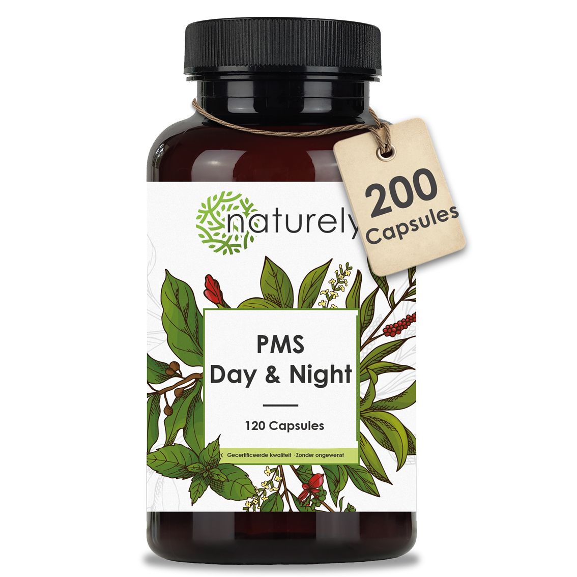 Bruine capsulefles met etiket, plantenmotieven en tag "200 Capsules".