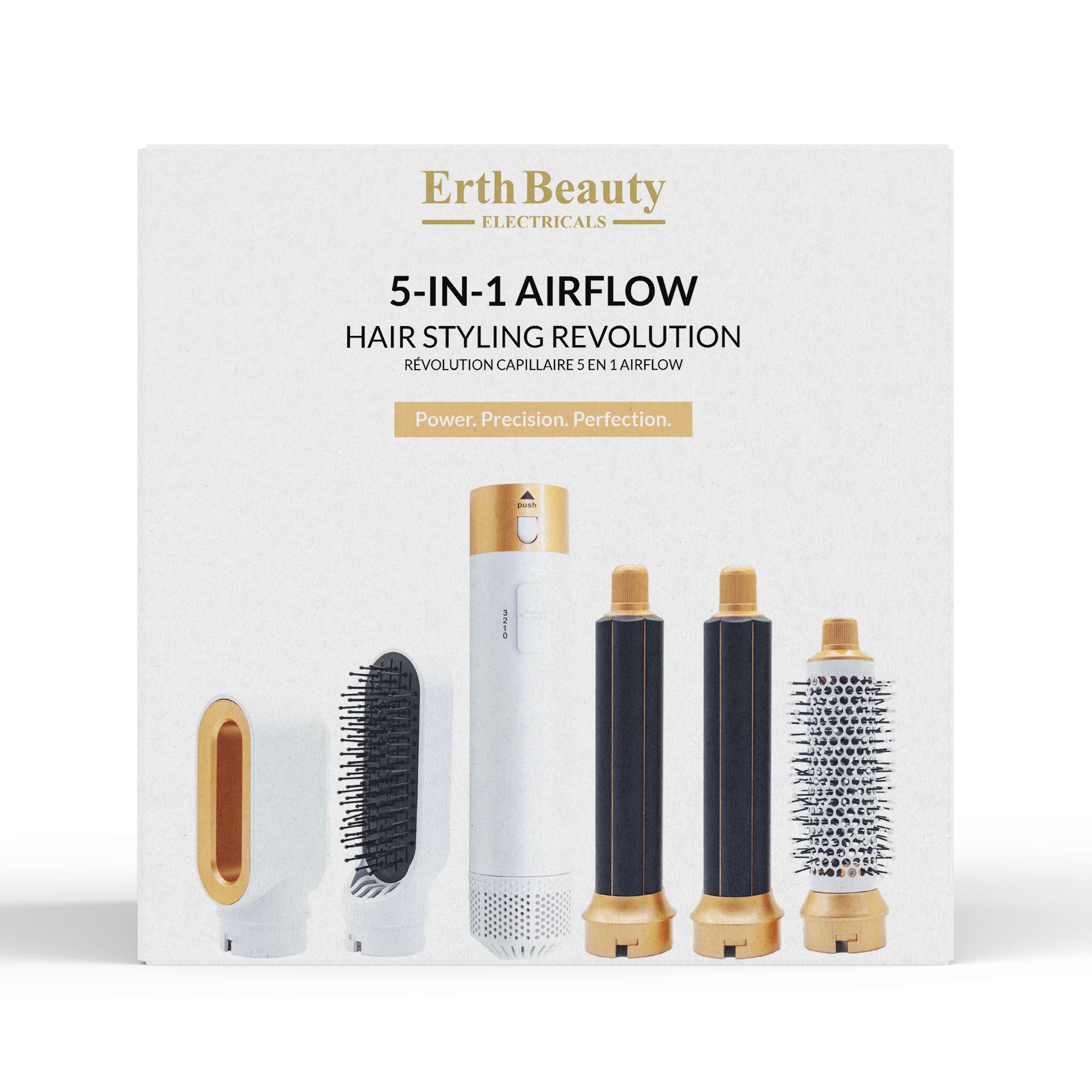 Productverpakking met Erth Beauty 5-in-1 Airflow. Bevat apparaat en opzetstukken. Tekst: Power, Precision, Perfection.