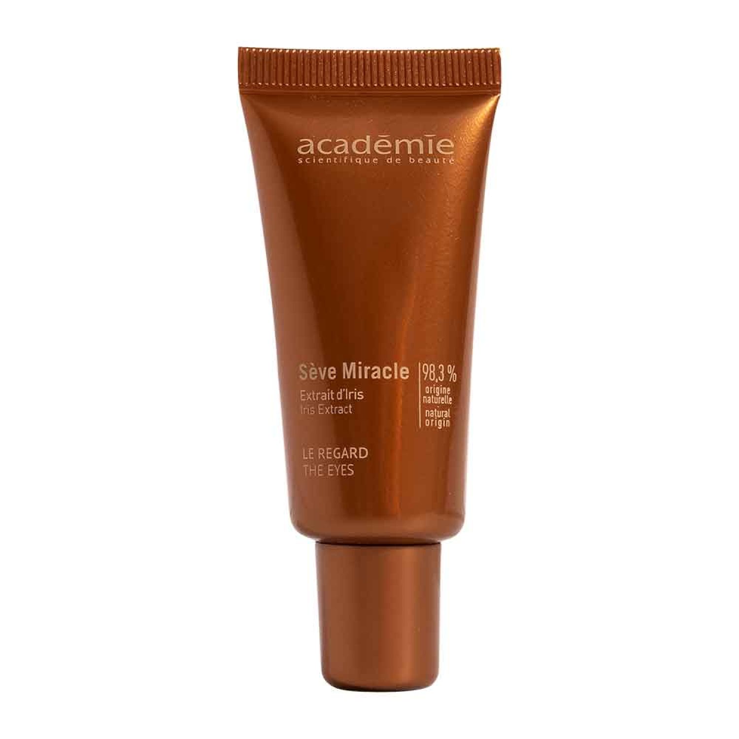 Tube brun avec bouchon à vis. Inscriptions: Académie, Sève Miracle, Extrait d'Iris, Le Regard, 98,3% origine naturelle.