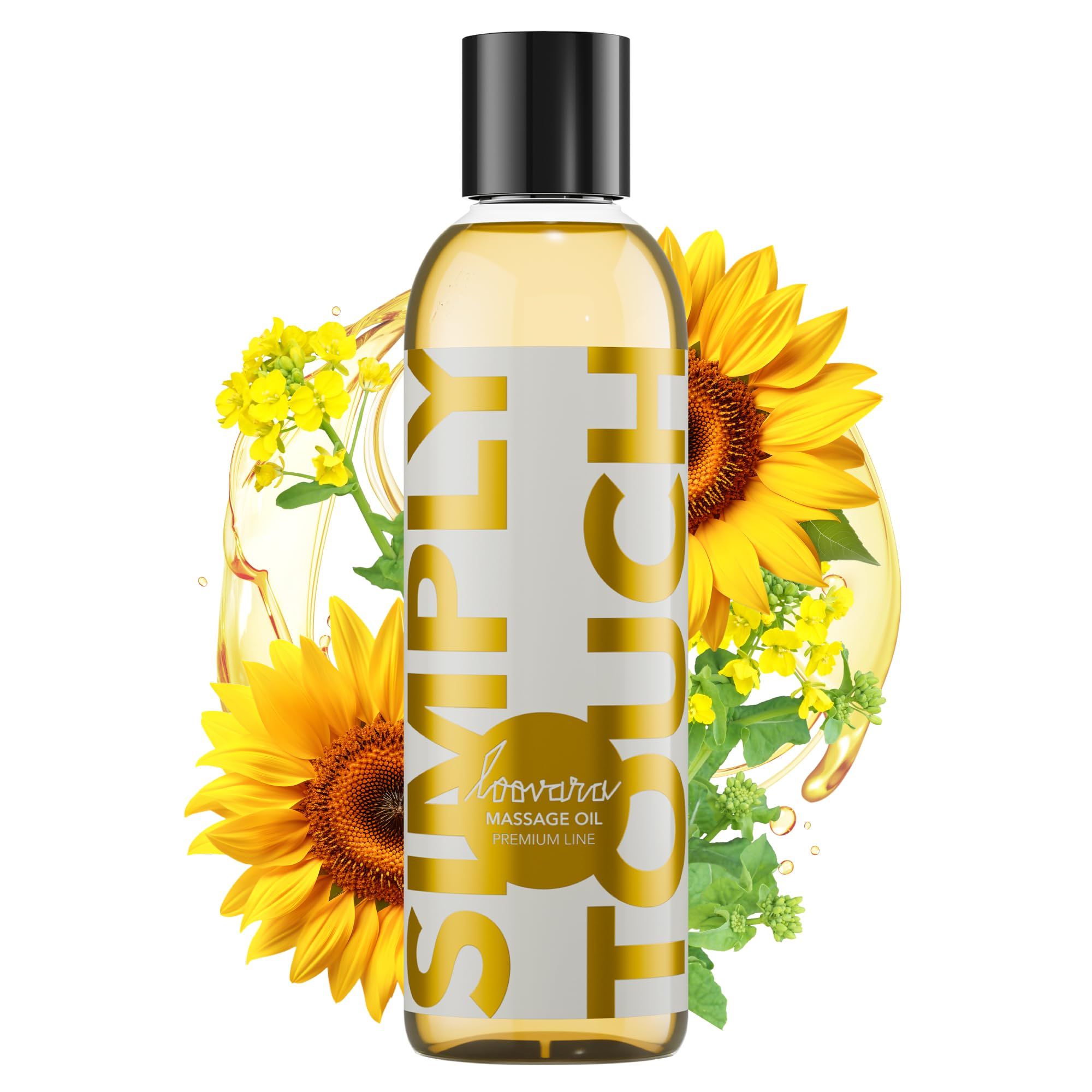 Bouteille d'huile de massage jaune, entourée de tournesols et de gouttes d'huile.