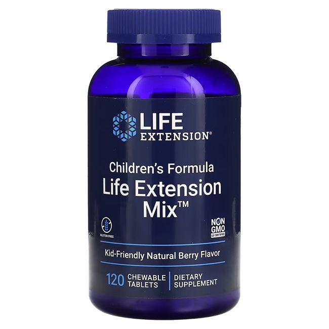 Flacon bleu de comprimés. Inscription: LIFE EXTENSION, Children's Formula Life Extension Mix. 120 comprimés.