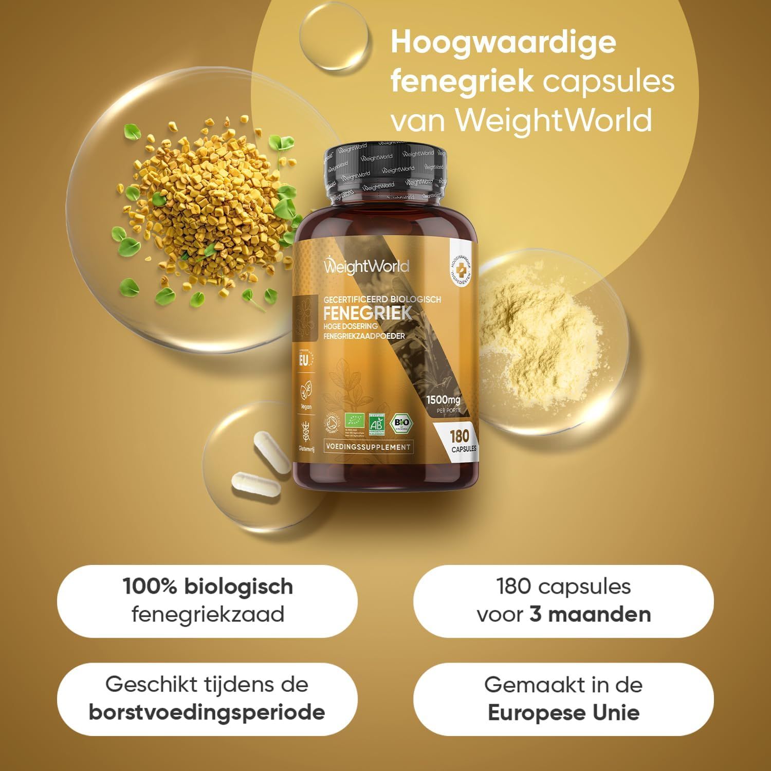 Fles met 180 fenegriek capsules (1500mg), biologisch gecertificeerd, van WeightWorld.