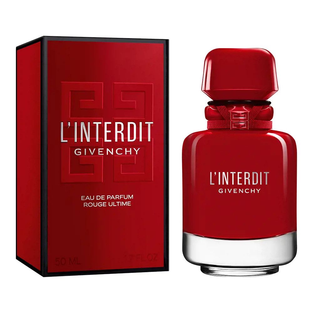 Rode fles en rode doos. Opschrift: L'Interdit Givenchy, Eau de Parfum Rouge Ultime. Fles met zilveren basis.