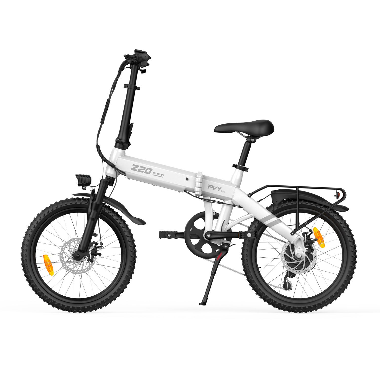 Vélo électrique pliable, blanc et noir. Logo Z20, logo PVY, porte-bagages, phare, garde-boue.