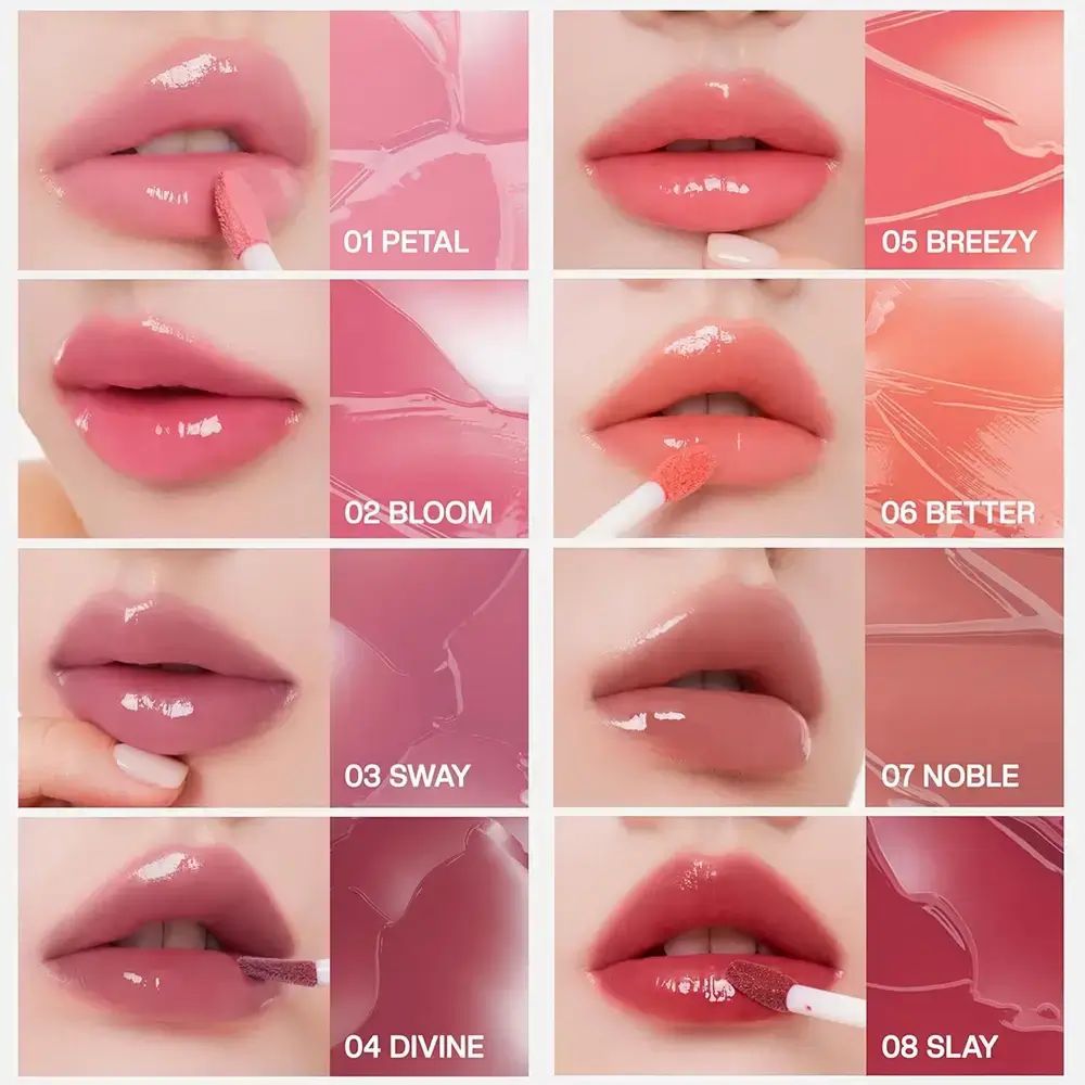 Collectie lipkleuren. 8 tinten met applicators. Kleurnamen: 01 Petal, 02 Bloom, 03 Sway, 04 Divine, 05 Breezy, 06 Better, 07 Noble, 08 Slay.
