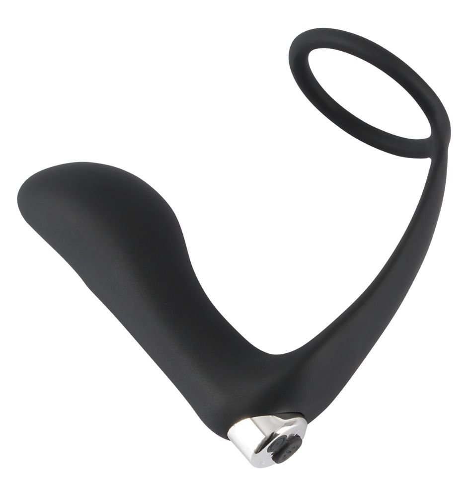 Anneau pénien noir avec plug anal. Partie en forme d'anneau et tige incurvée avec bouton. Bouton argenté à l'extrémité.