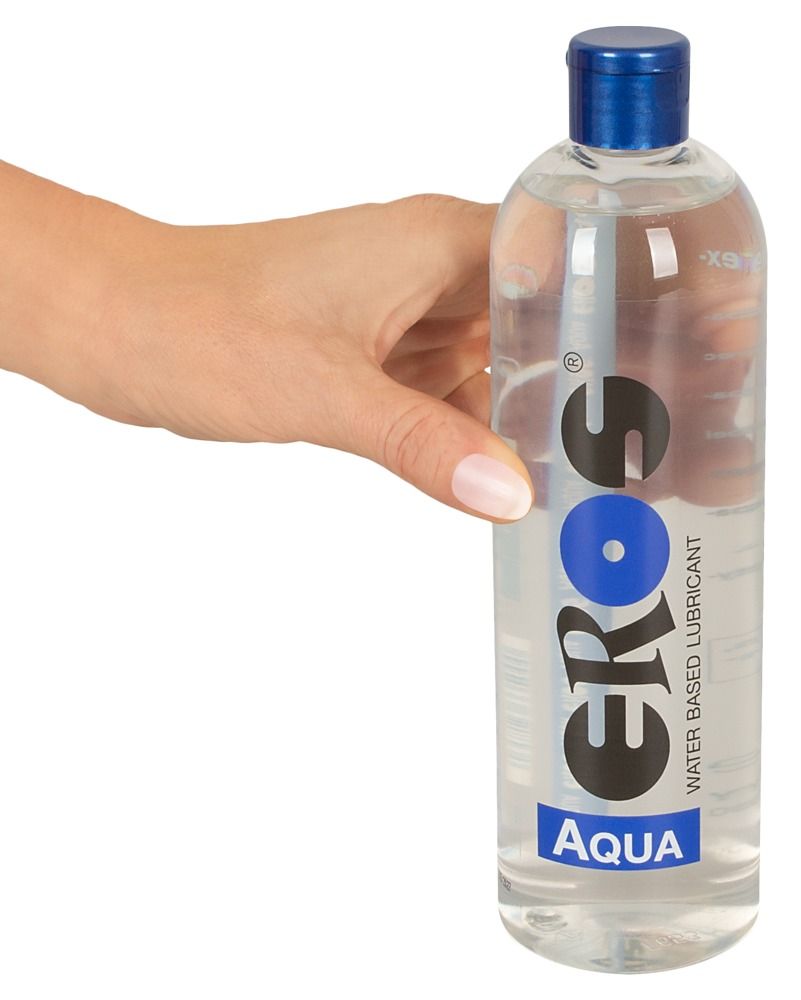 Eros Aqua glijmiddel op waterbasis in een doorzichtige fles met blauwe dop.
