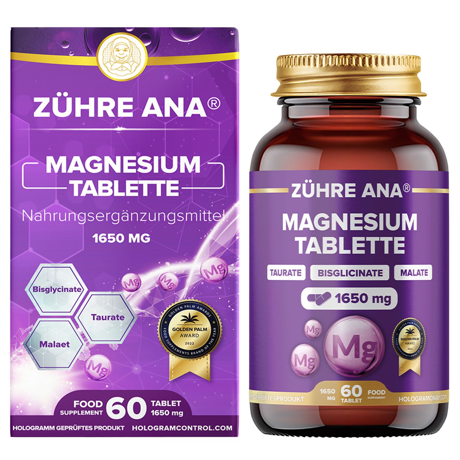 Zühre Ana magnesiumtabletten: verpakking en fles met 60 tabletten van 1650 mg. Bevat taurate, bisglycinaat en malaat.