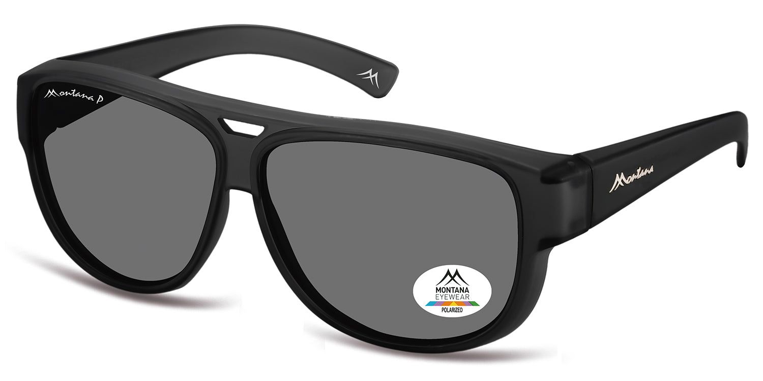 Lunettes de soleil noires. Verres gris. Logo Montana Eyewear sur la branche et la lentille. Verres polarisés.