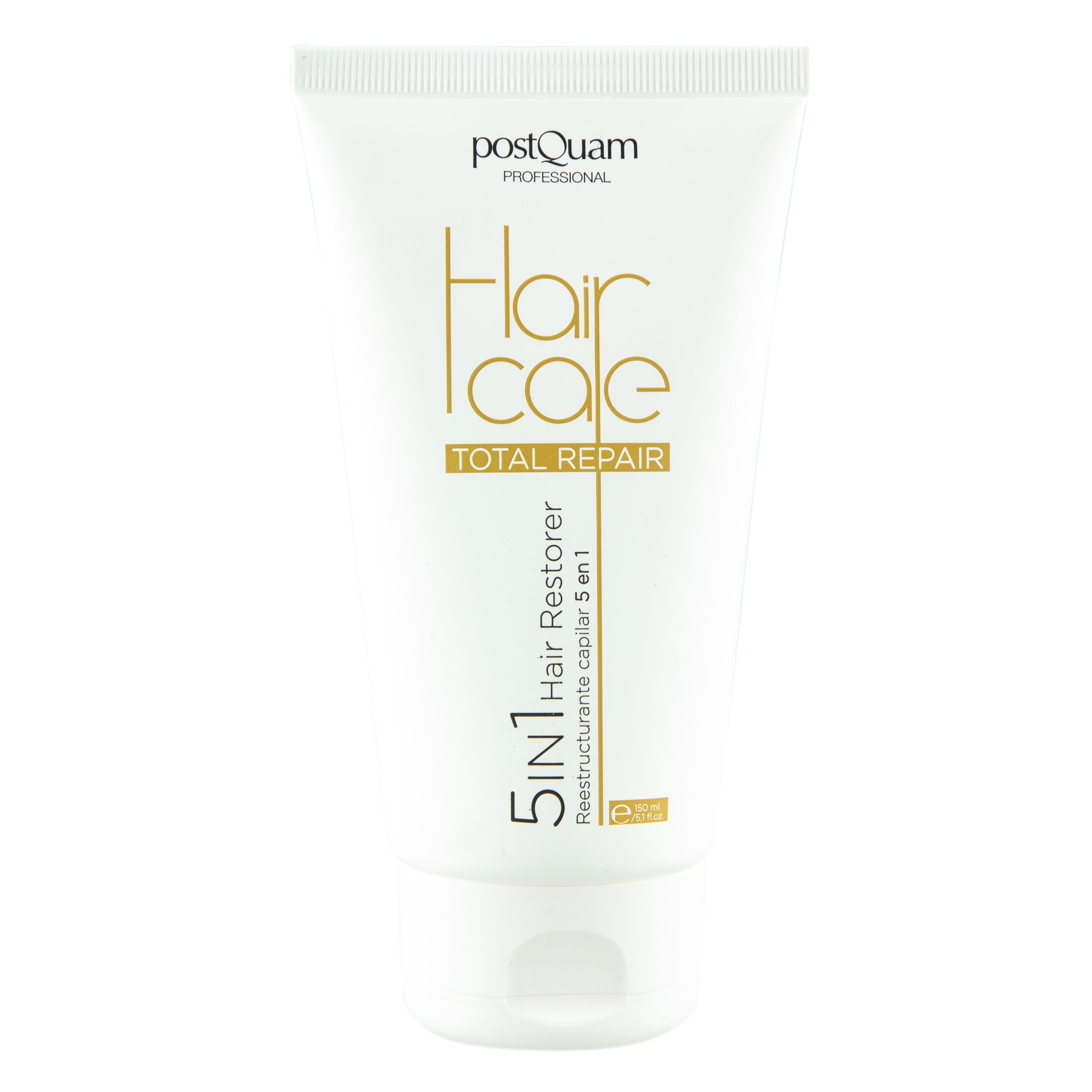 Witte tube met gouden opdruk. Tekst: Hair Care Total Repair, 5 in 1 Hair Restorer. Merk: Postquam.