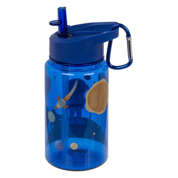 Blauwe drinkfles met ruimtevaartthema. Met kliksluiting, karabijnhaak en rietje. Raket en planeten op de fles.
