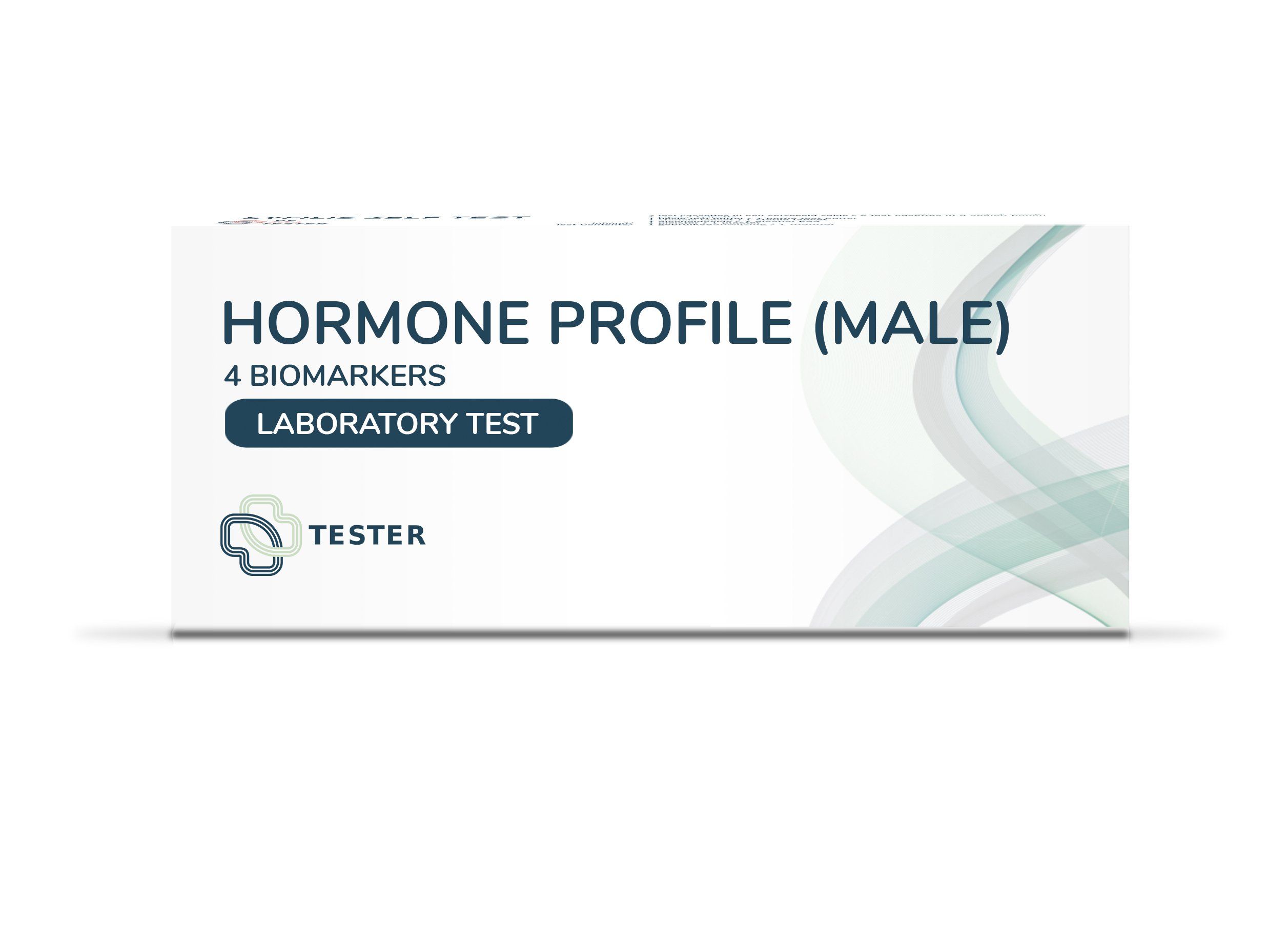 Boîte blanche avec texte "Hormone Profile (Male)". Contient 4 biomarqueurs. Test de laboratoire. Logo et texte "Tester".
