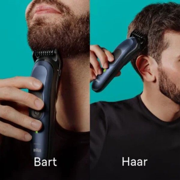 Homme se rasant la barbe et les cheveux avec une tondeuse bleue. "Braun" est inscrit sur la tondeuse.