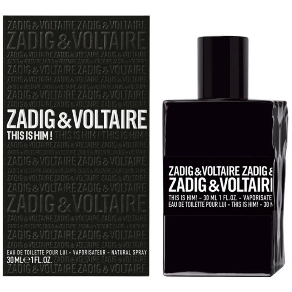Zwarte fles en doos. Opschrift: ZADIG & VOLTAIRE THIS IS HIM! Eau de Toilette. 30 ml.