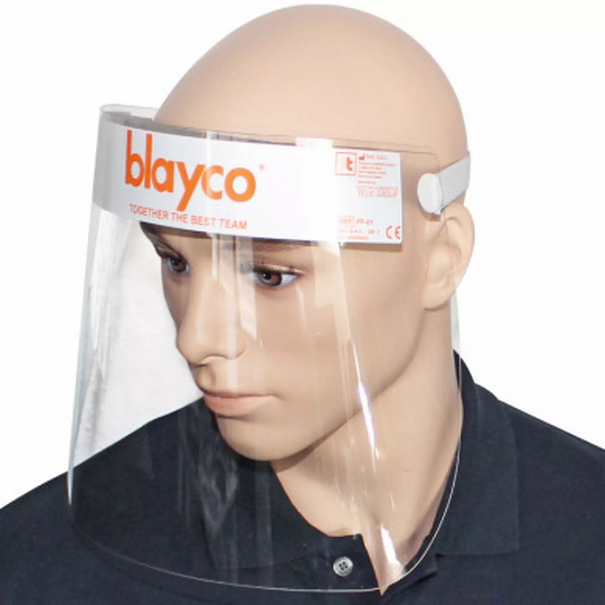 Visière de protection faciale avec bandeau blanc et logo orange "blayco". Marquage CE visible.
