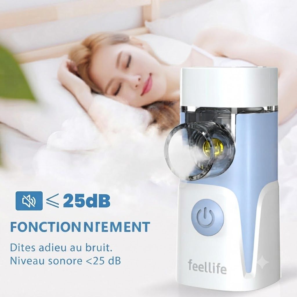 Un nébuliseur blanc et bleu avec l'inscription 'feellife' et un bouton d'alimentation. Un symbole indique moins de 25 dB.