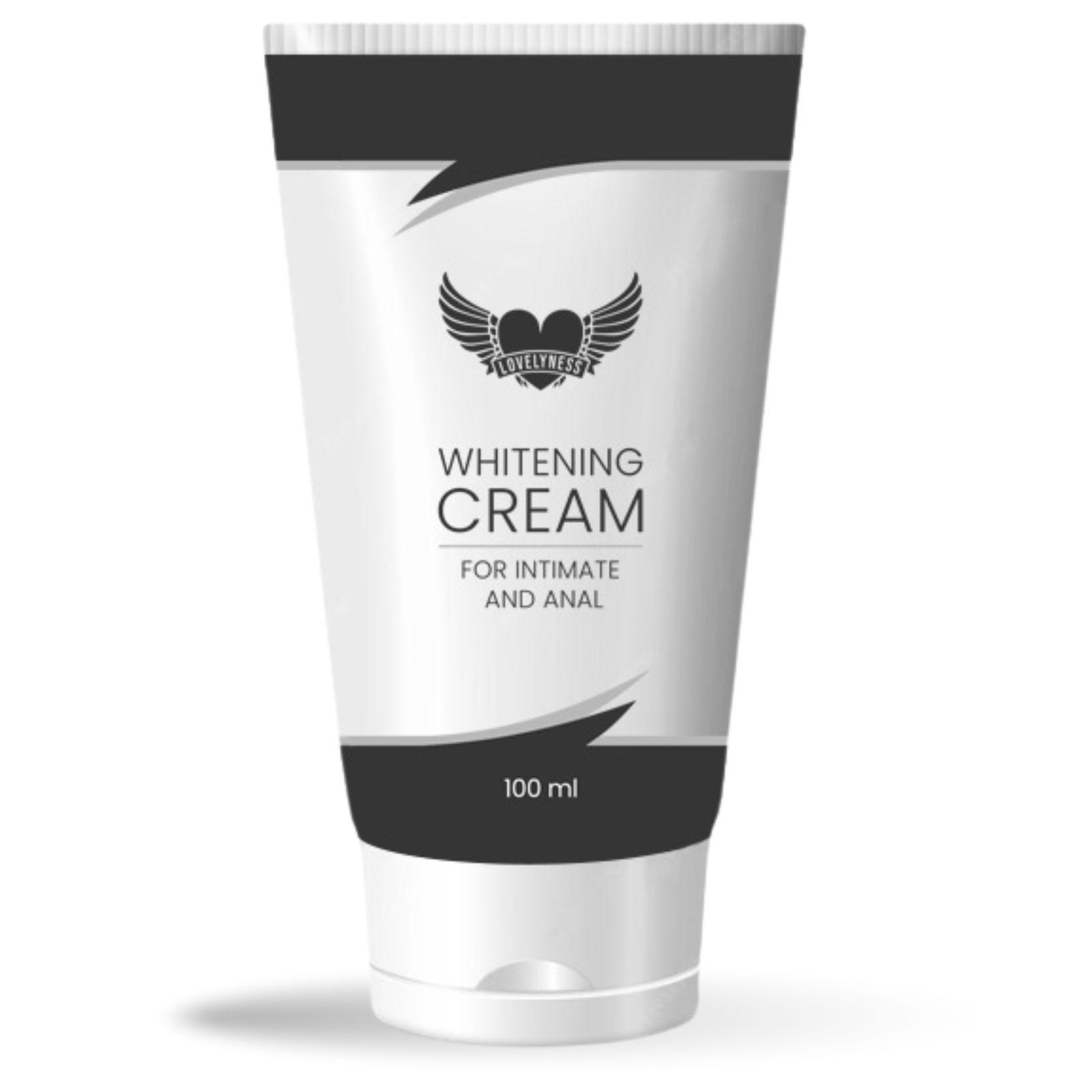 Crèmetube in zwart en wit. Tekst: Whitening Cream, voor intiem en anaal. Inhoud: 100 ml.