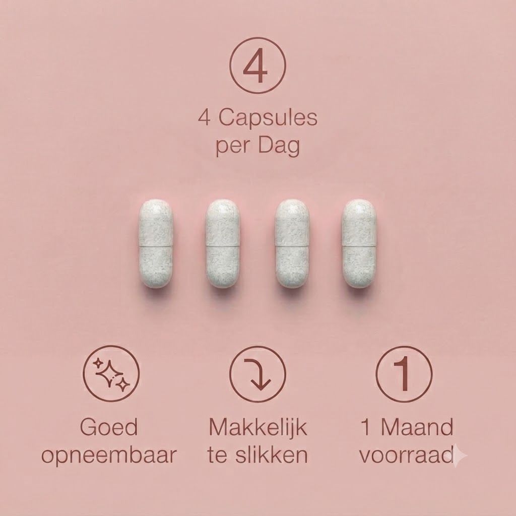 Vier witte capsules met gespikkelde textuur, die een dagelijkse dosis voorstellen.