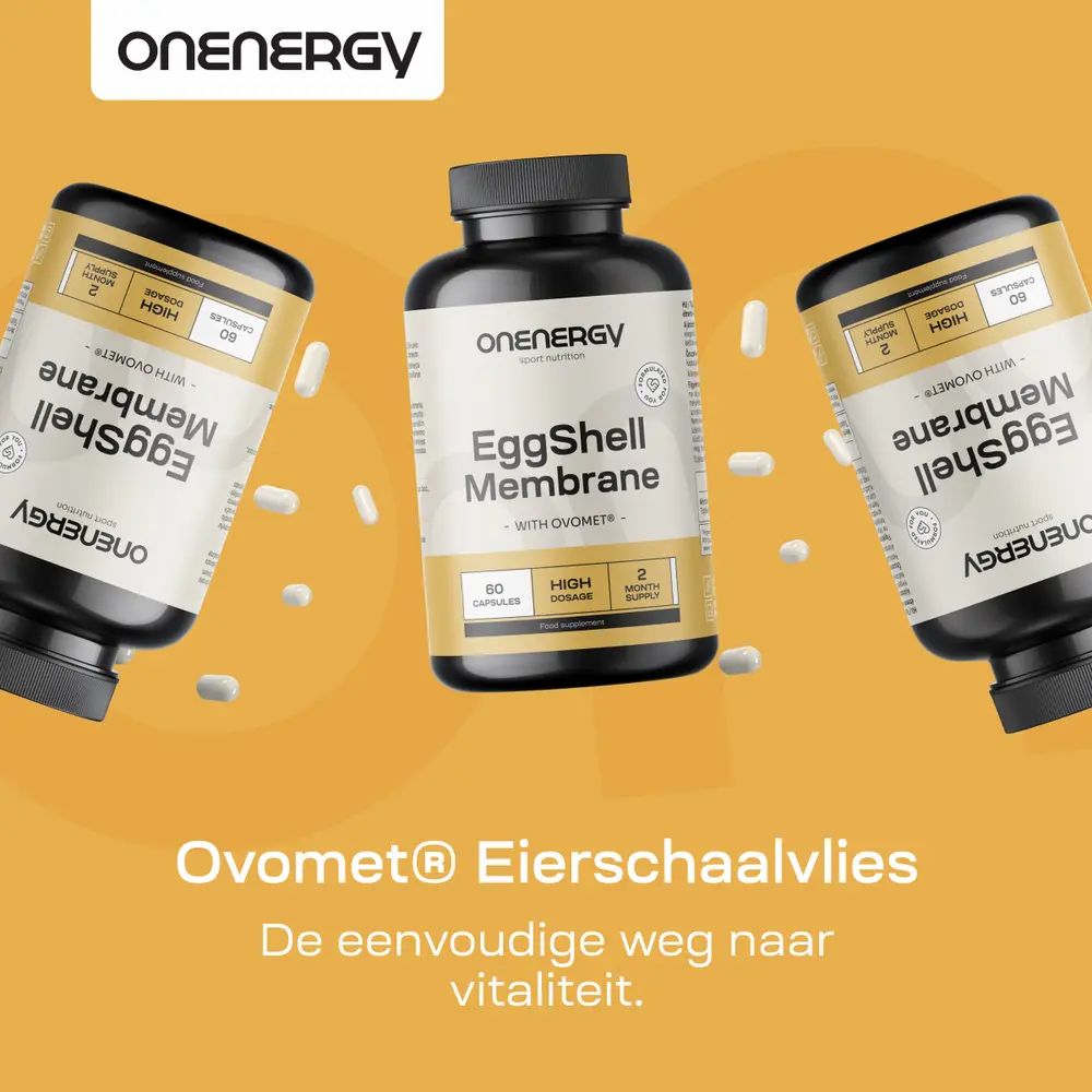 Drie flessen EggShell Membrane Ovomet® op gele achtergrond, de eenvoudige weg naar vitaliteit.