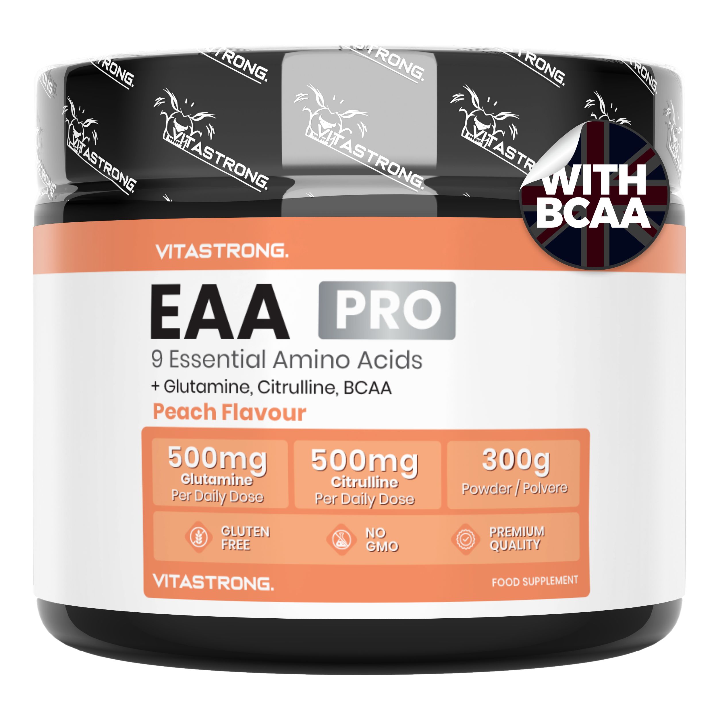 Vitastrong EAA Pro, pot. Contient 9 acides aminés, glutamine, citrulline, BCAA. Goût pêche. 300g. Sans gluten, sans OGM.