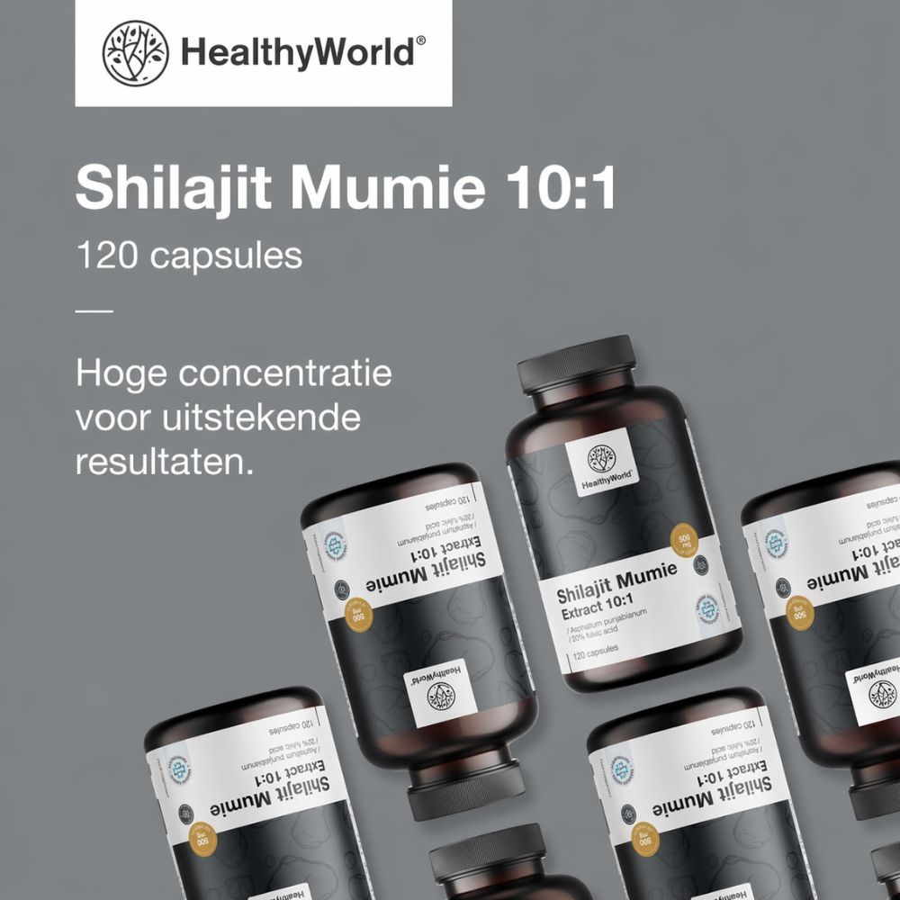 Koppel met fles en capsules. Tekst: Shilajit Mumie Extract 10:1, 120 capsules. Merk: HealthyWorld.