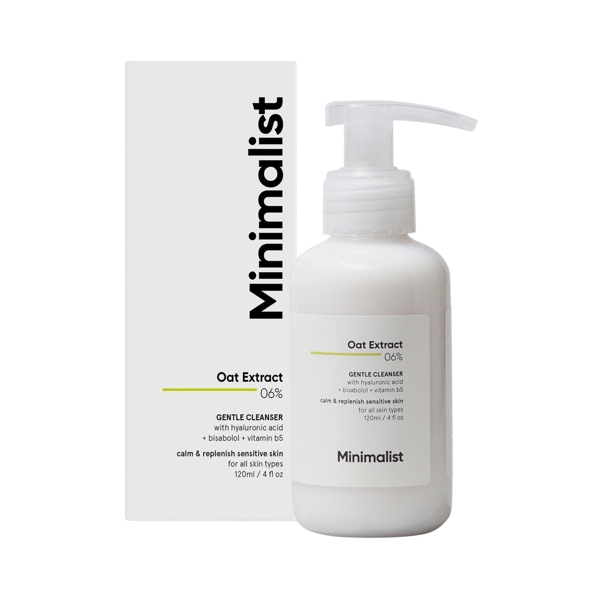 Flacon blanc avec pompe et carton. Inscription : Oat Extract 06% Gentle Cleanser. Marque : Minimalist.