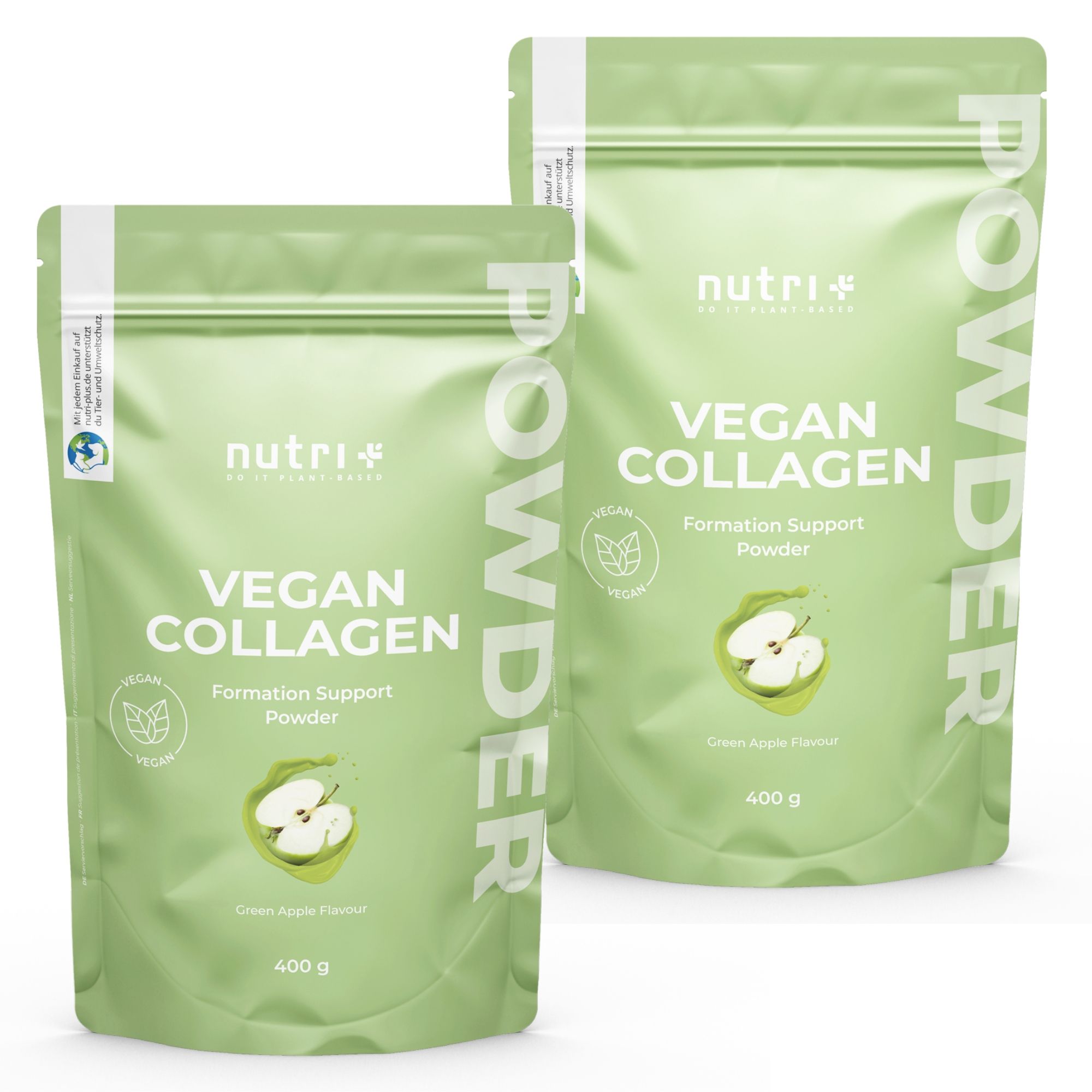Deux sachets verts "nutri+" et "VEGAN COLLAGEN". Illustration de pomme. 400 g. Poudre.
