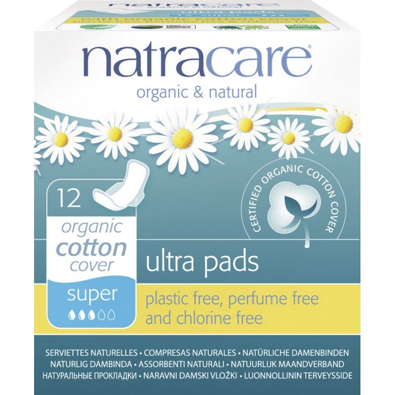 Verpakking Natracare Ultra Super maandverband. 12 stuks. Biologisch katoenen toplaag. Plastic-, parfum- en chloorvrij.