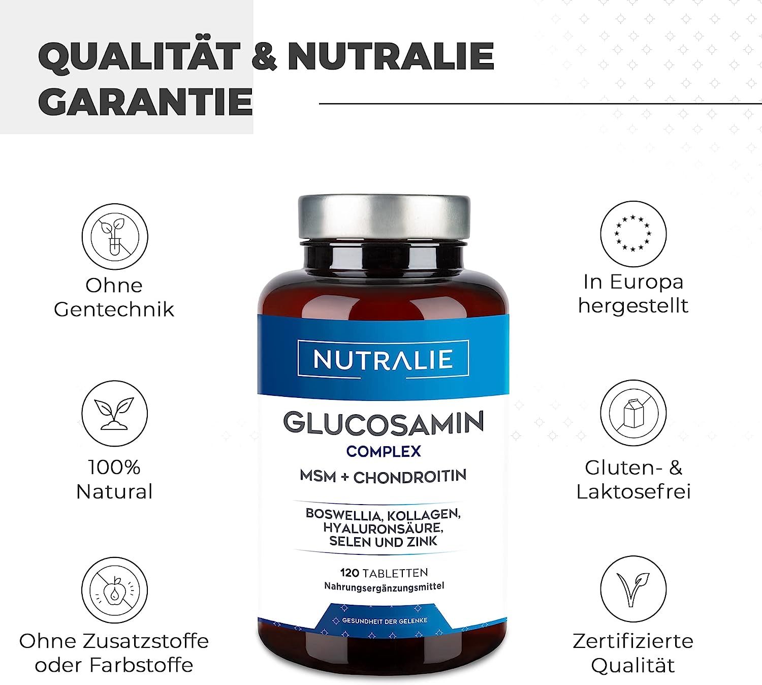 Nutralie Glucosamine Complex fles met kwaliteits- en herkomstkenmerken.