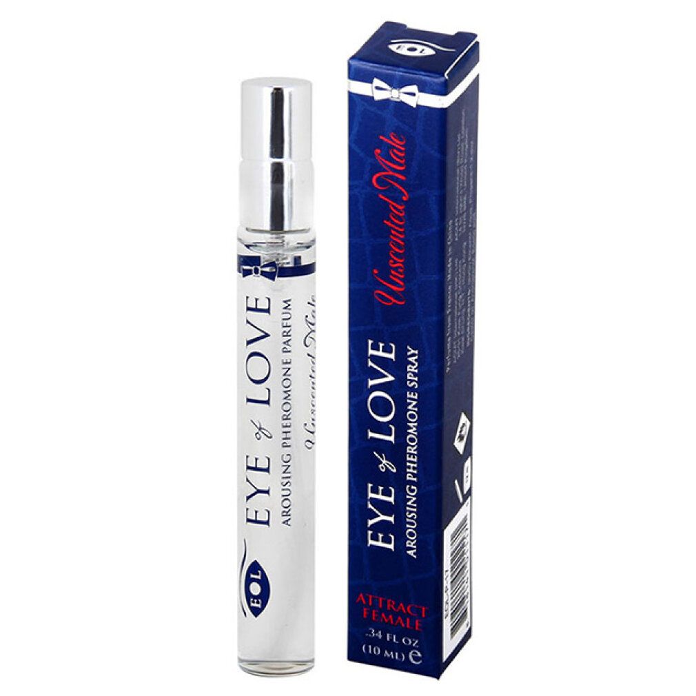 Un flacon et une boîte de spray phéromone "Eye of Love" pour hommes, sans parfum.