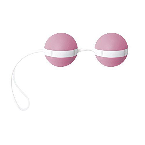 Twee roze ballen met witte strepen, verbonden door een koord met lus.