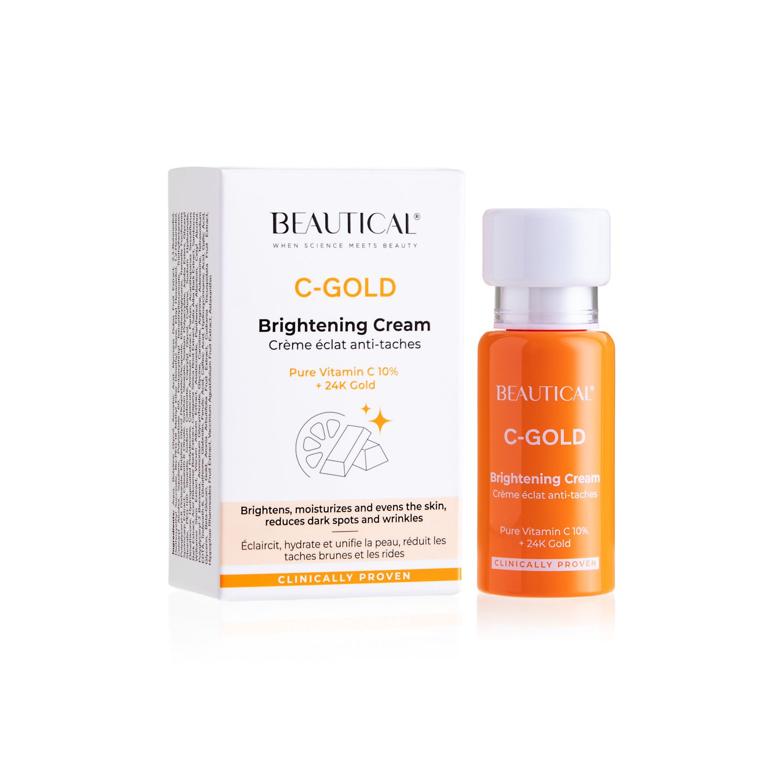 Flacon et emballage. Inscription: BEAUTICAL C-GOLD Brightening Cream.