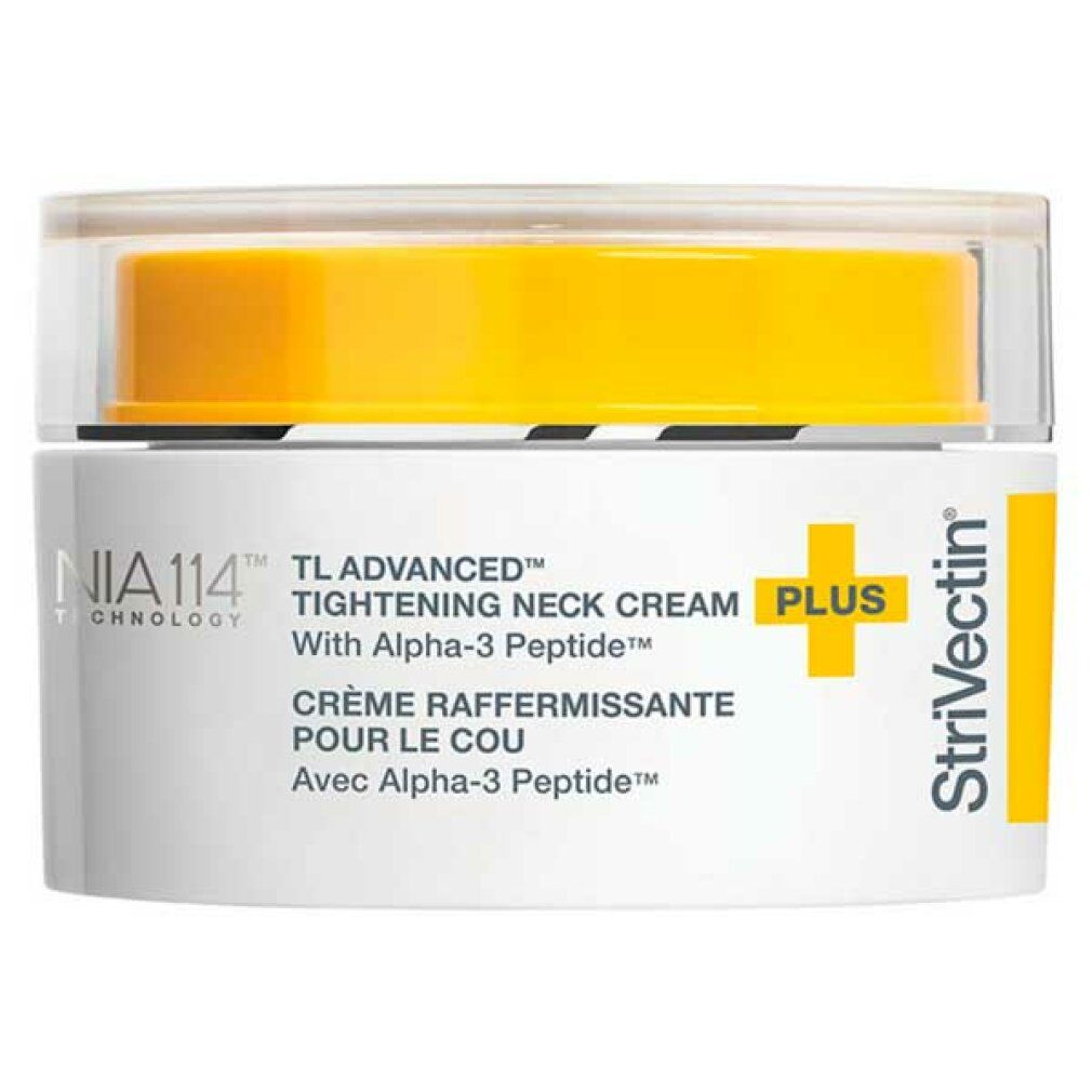 Strivectin TL Advanced Tightening Neck Cream pot met gele dop en witte body.