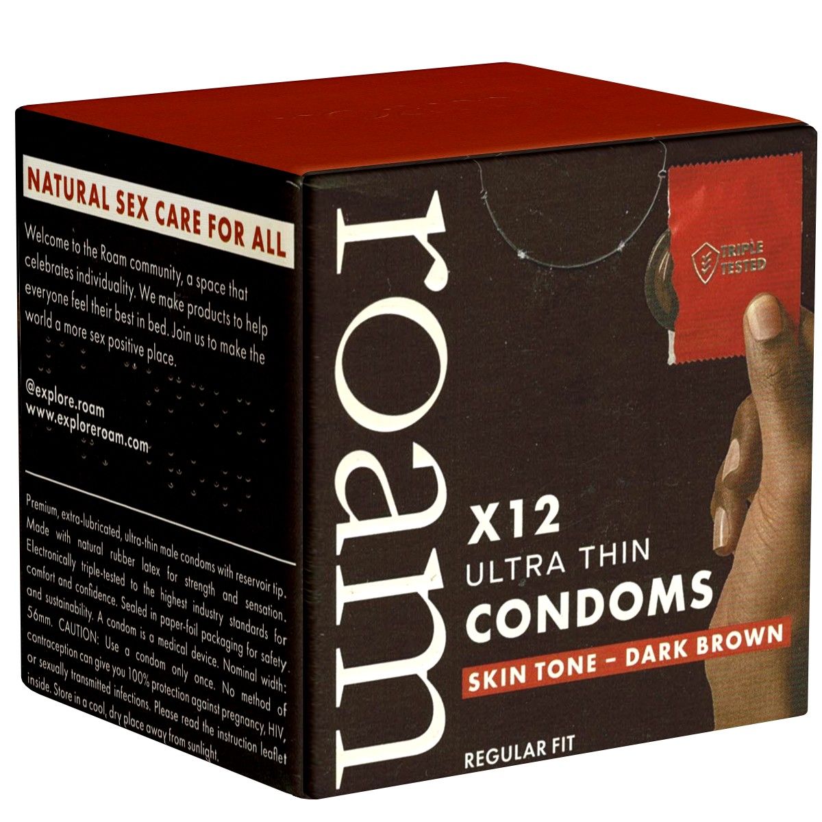 Doos ROAM Skin Tone Dark Brown condooms. Bevat 12 ultra dunne condooms. Opschrift: Regular Fit. Getest.