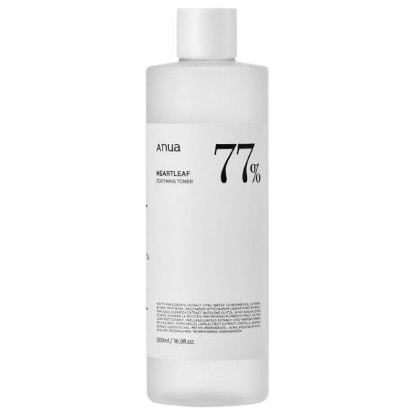Bouteille de Anua Heartleaf 77% Soothing Toner avec bouchon blanc et étiquette.
