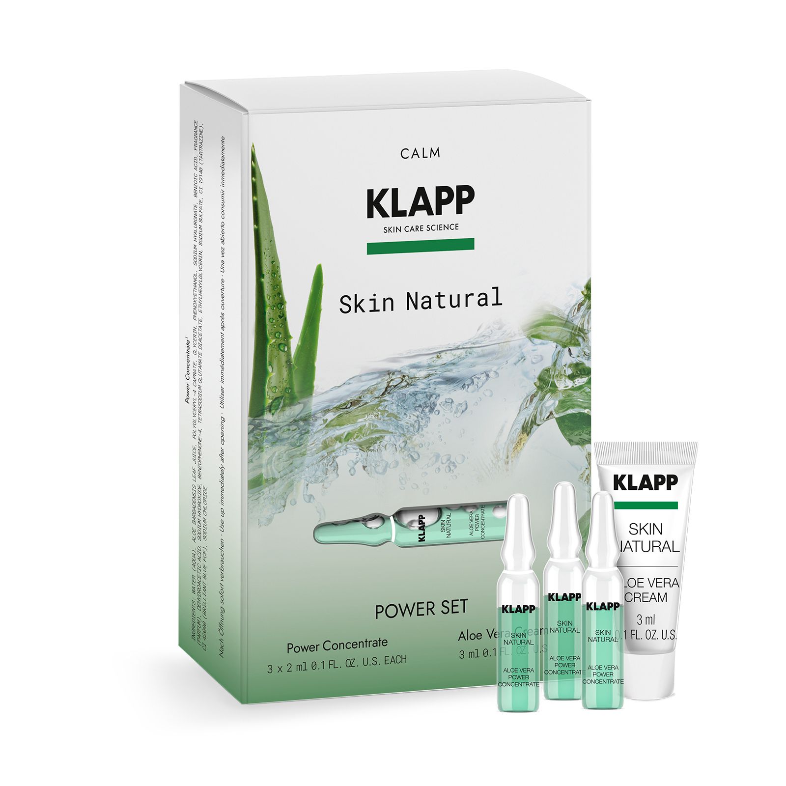 Verpakking Klapp Skin Natural Power Set. Bevat Power Concentrate ampullen en Aloe Vera crème. Groen-wit design, illustratie van aloëblad.