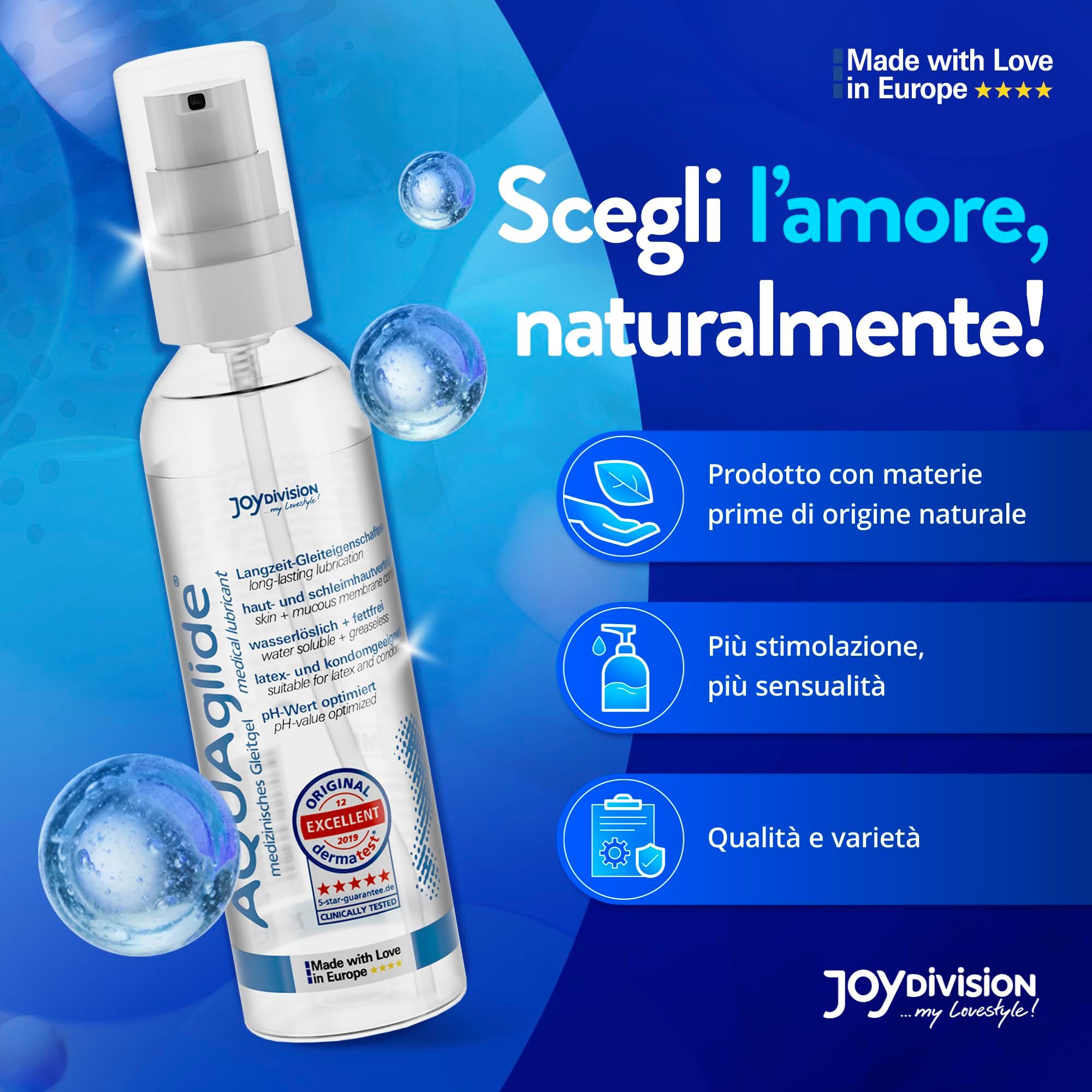 Gel lubrifiant AquaGlide dans une bouteille transparente avec pompe. Fabriqué en Europe.