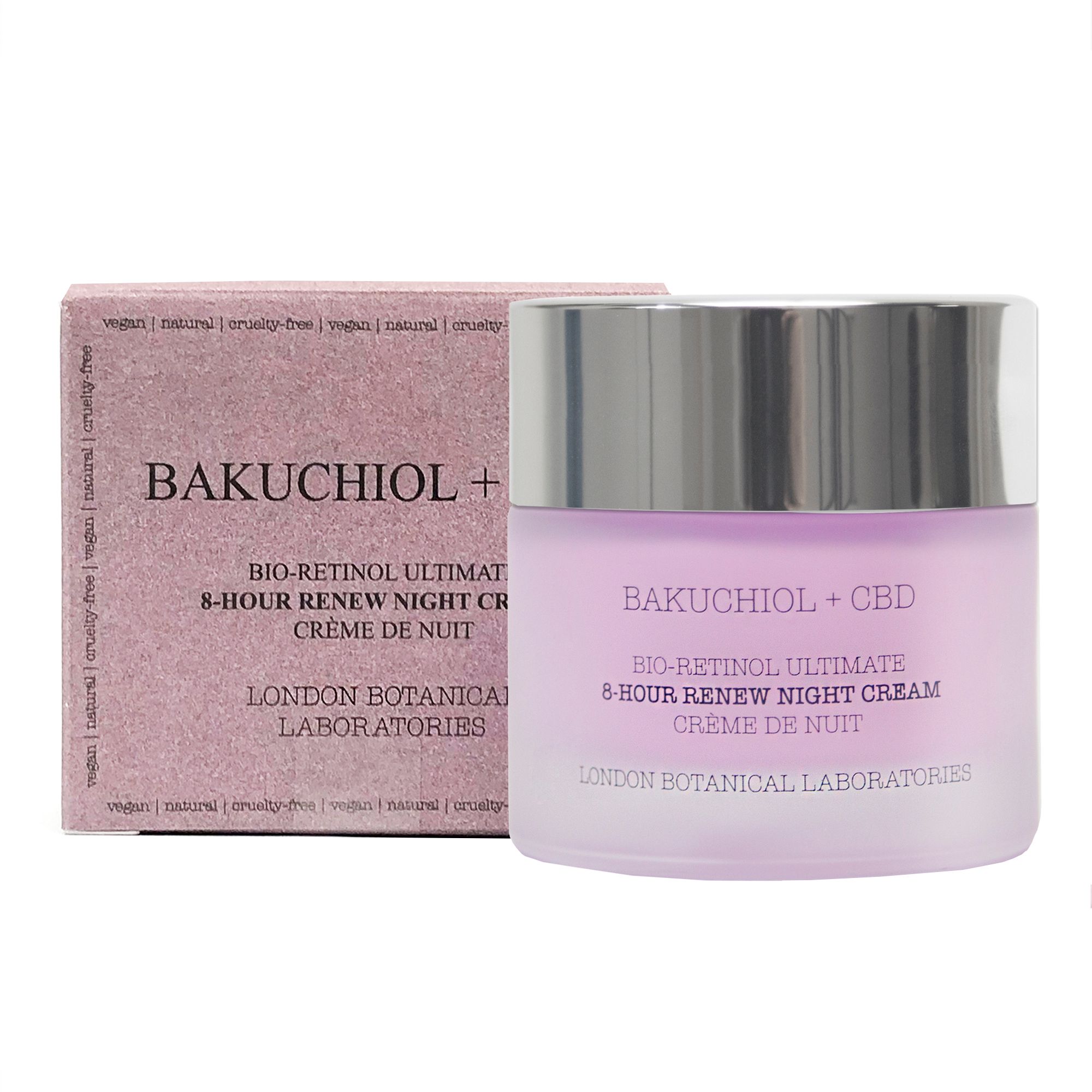 Crèmetiegel met zilveren deksel en verpakking. Opschrift: Bakuchiol + CBD, Bio-Retinol Ultimate 8-Hour Renew Night Cream, Crème de Nuit. London Botanical Laboratories.