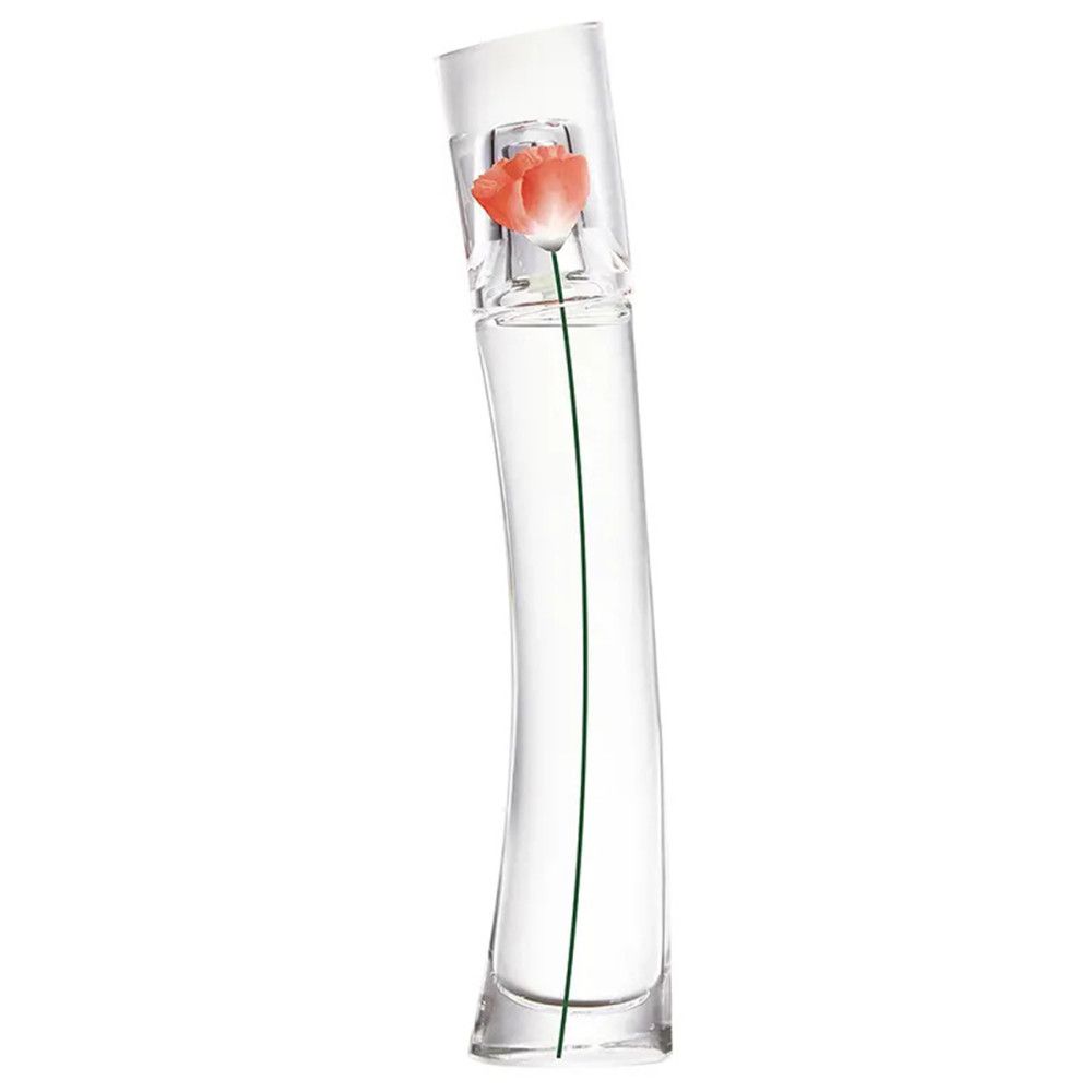 Flacon transparent avec fleur rouge. Sur fond blanc.