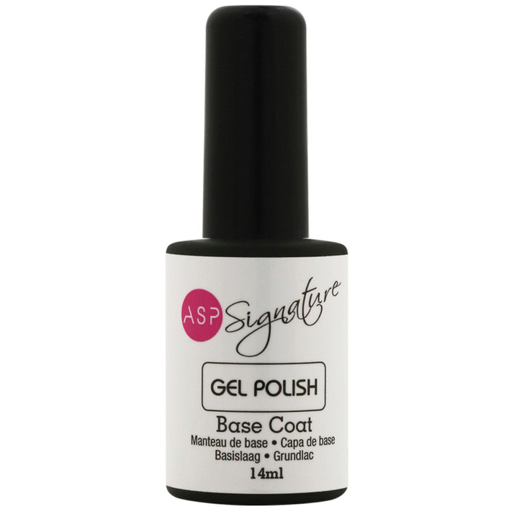 Flacon de vernis à ongles avec bouchon noir. L'étiquette indique "ASP Signature GEL POLISH Base Coat". Contenance : 14ml.