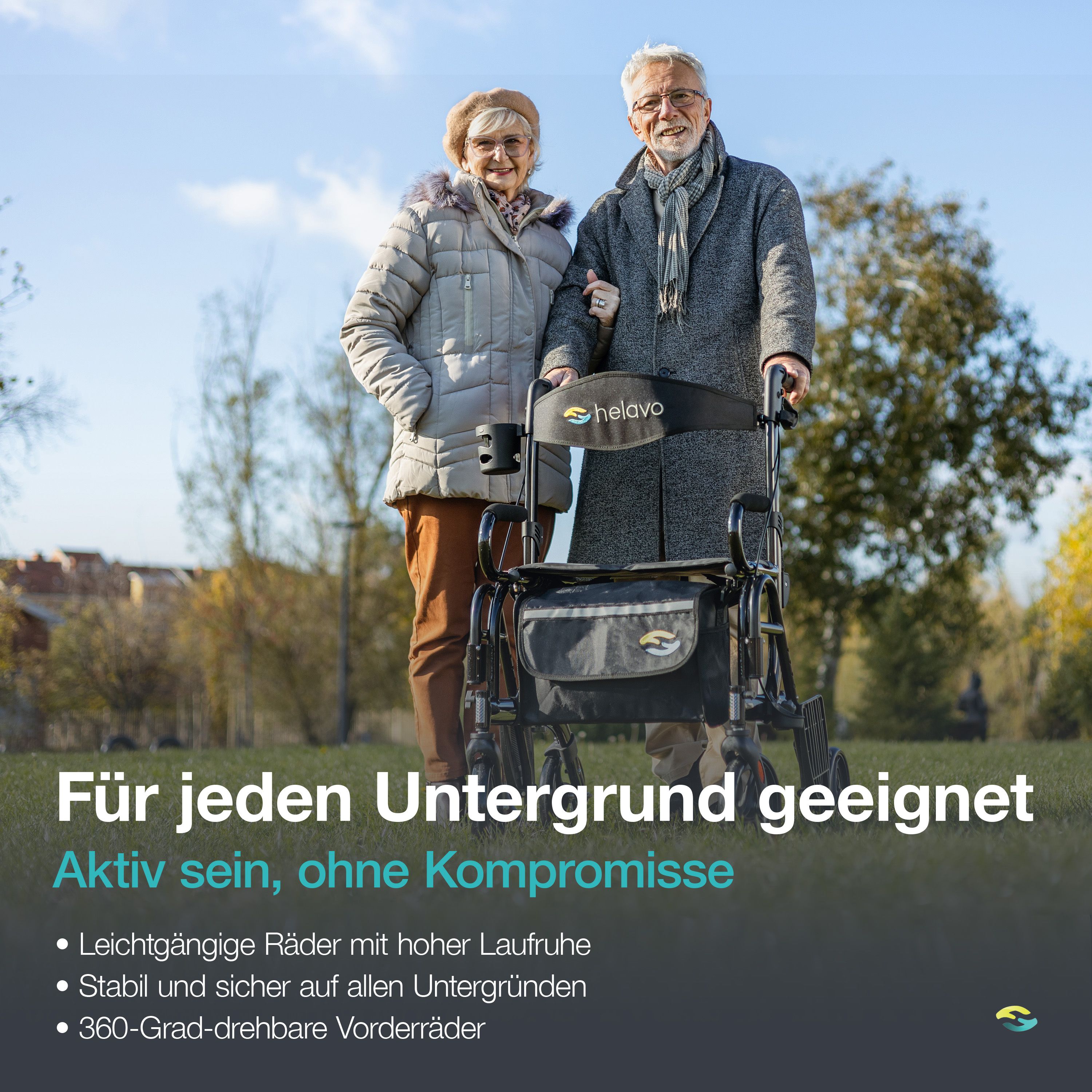 Ouder echtpaar buiten met rollator. Man loopt, vrouw leunt op hem. Tekst: Geschikt voor elke ondergrond.