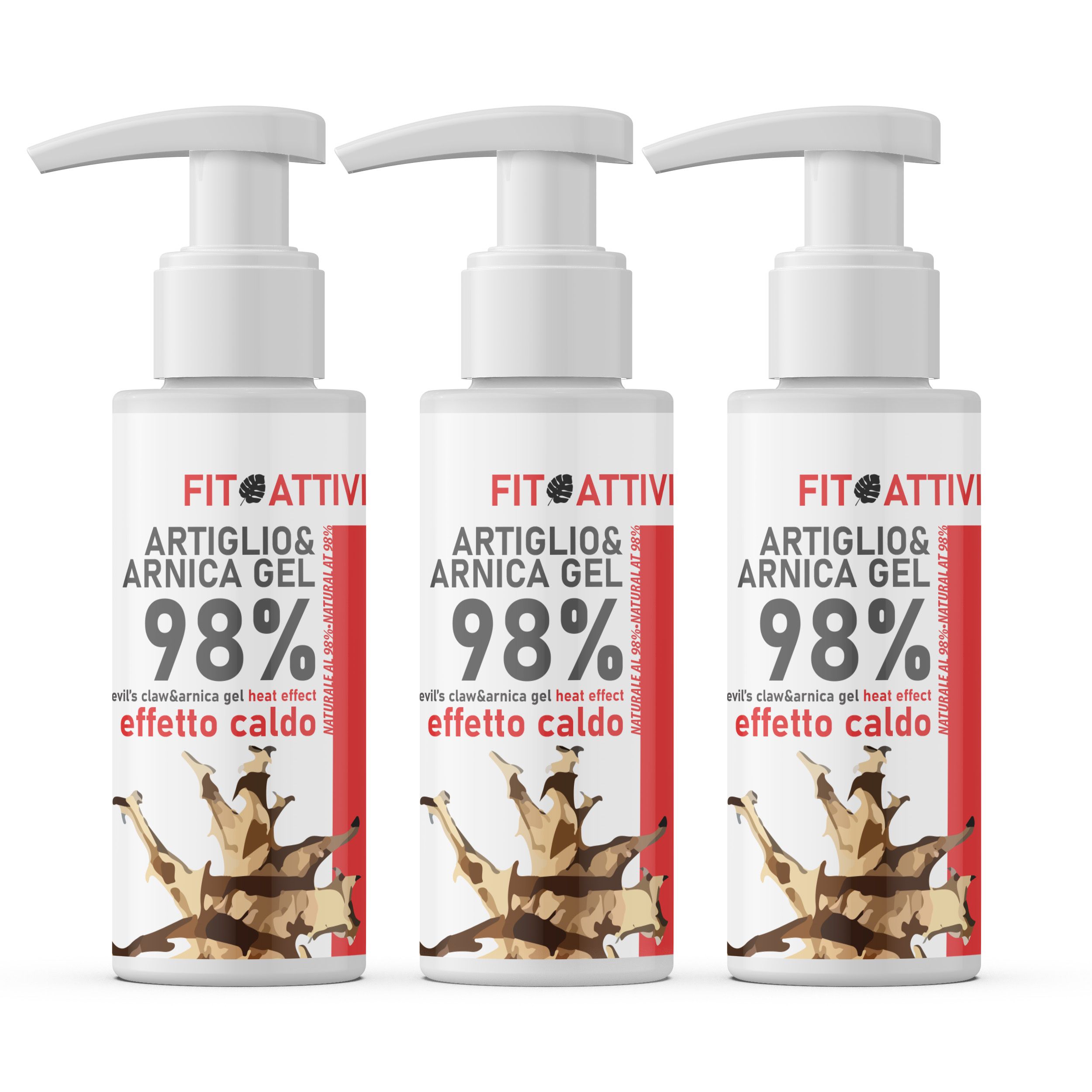 Drie witte flessen met pomp. Opschrift: Fitoattivi Artiglio & Arnica Gel 98%. Warmte-effect.