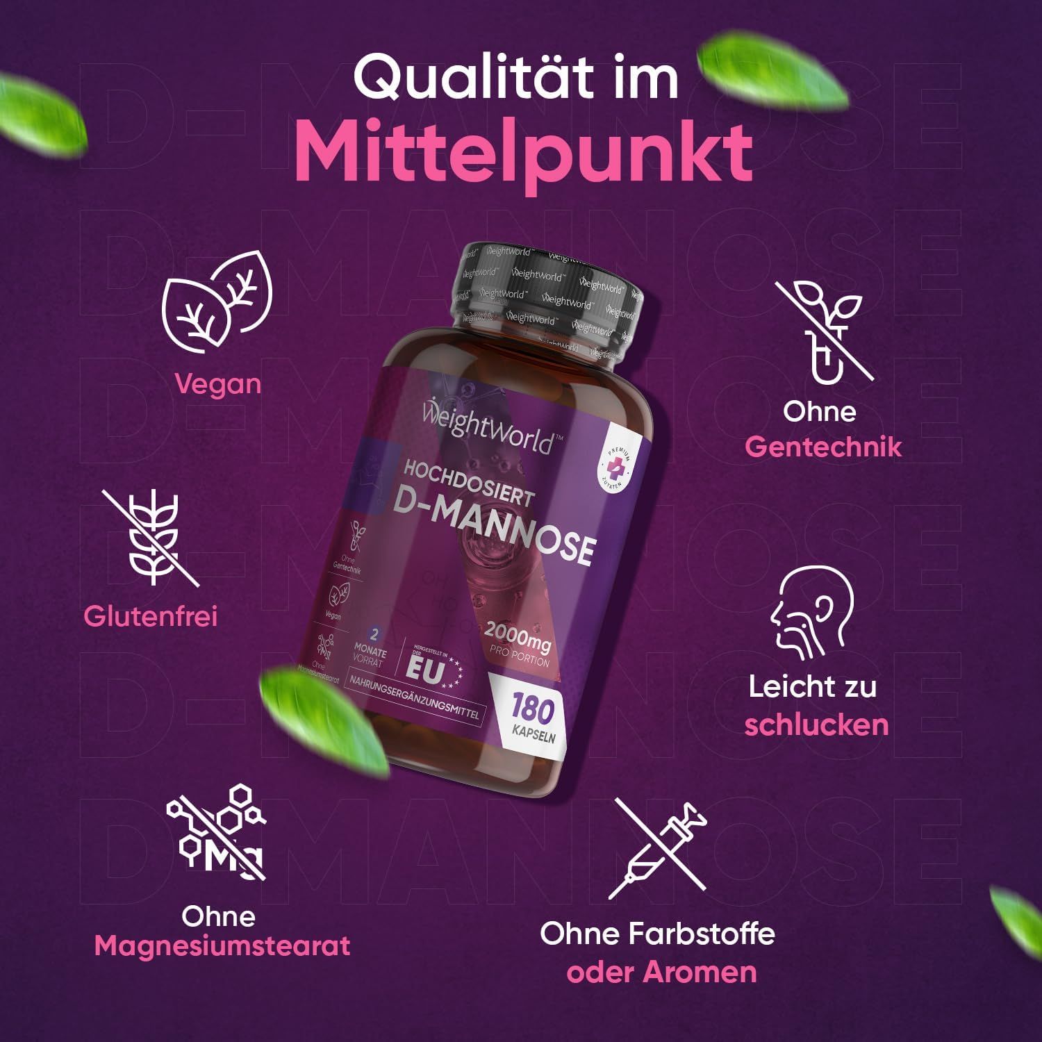 Bruine fles D-Mannose capsules. Tekst: Hoog gedoseerd, 2000mg, 180 capsules. Vegan, glutenvrij, geen genetische modificatie.
