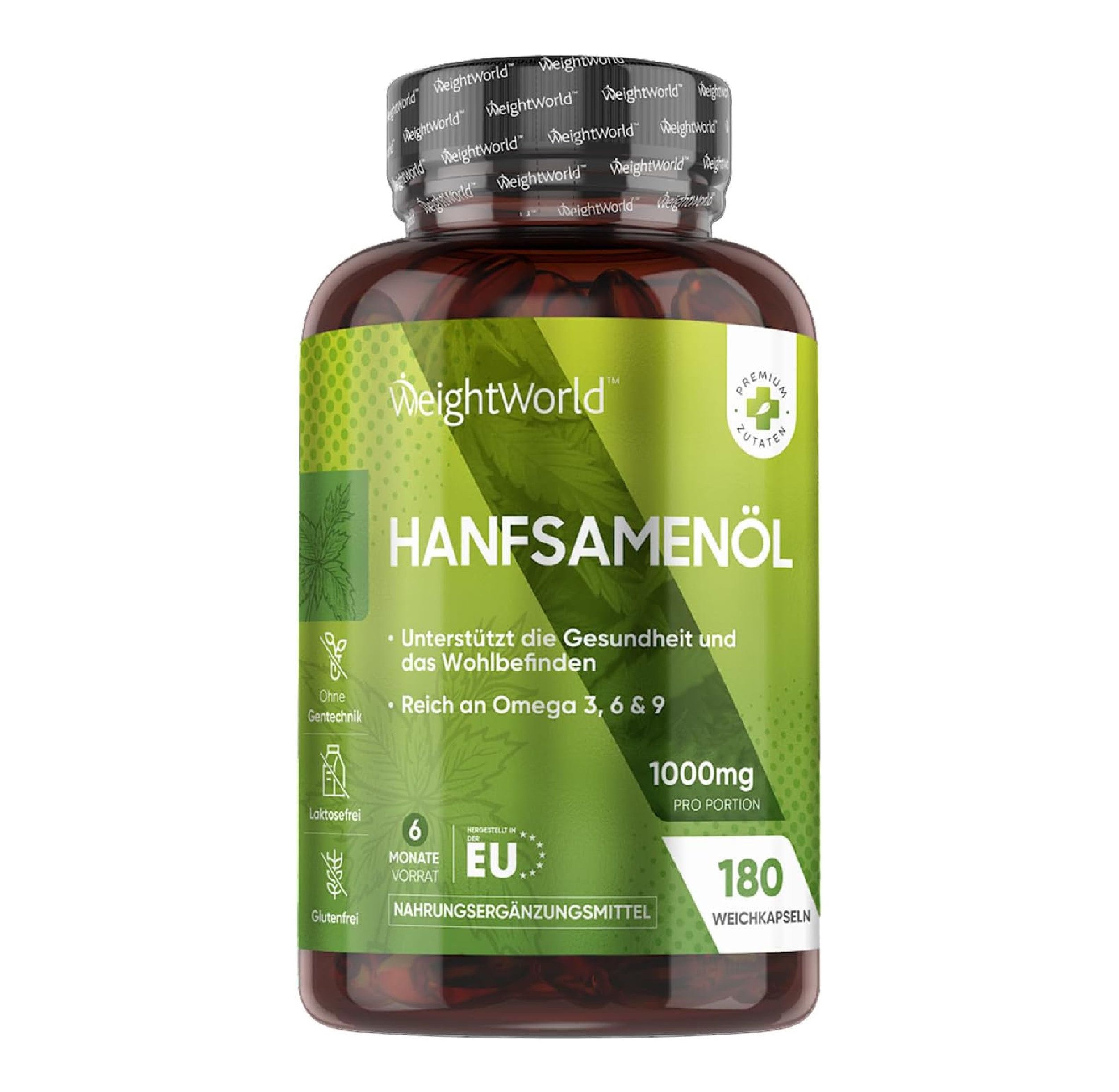 Bouteille de WeightWorld Huile de Chanvre (Vegan) avec étiquette indiquant 180 gélules molles et 1000mg.