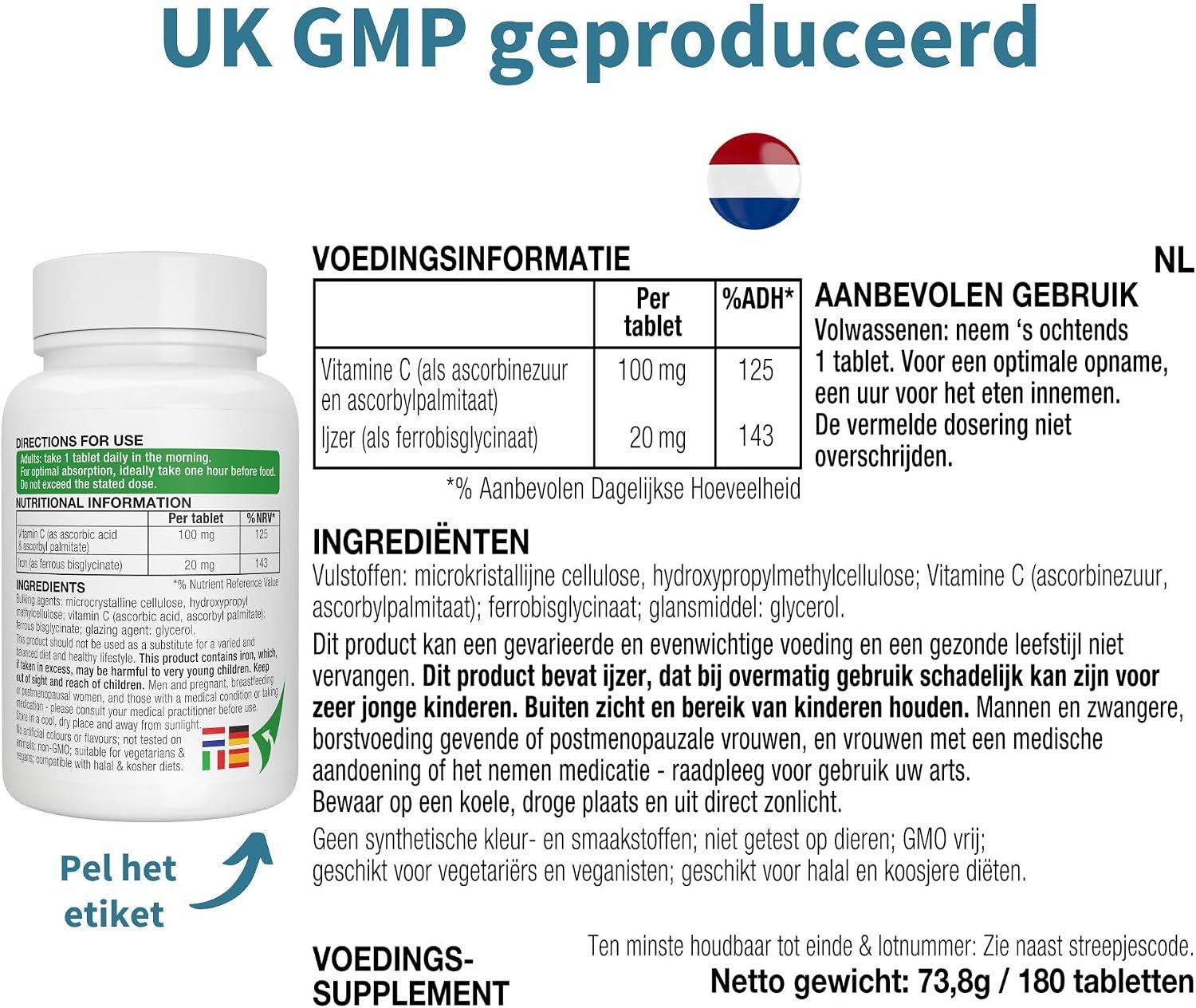 Fles Igennus Iron Bisglycinate met Vitamine C, 180 tabletten, met infographics.
