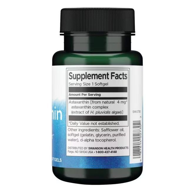 Flacon vert d'Astaxanthine. Informations nutritionnelles au dos. Contient complexe d'astaxanthine, huile de carthame, gélatine, glycérine, eau purifiée.