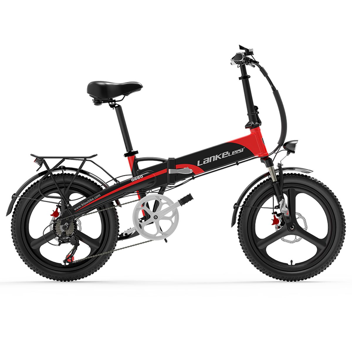 Vélo électrique pliable rouge et noir. Marque LANKELEISI, modèle G660. Pneus noirs, porte-bagages. Vue latérale, plié.
