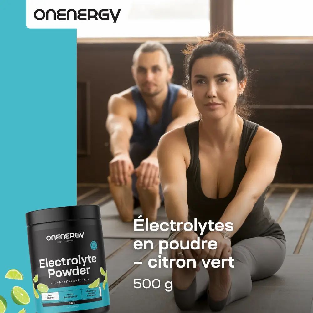 Deux personnes s'étirent. À côté, boîte d'électrolytes en poudre - citron vert. Texte : 500 g.