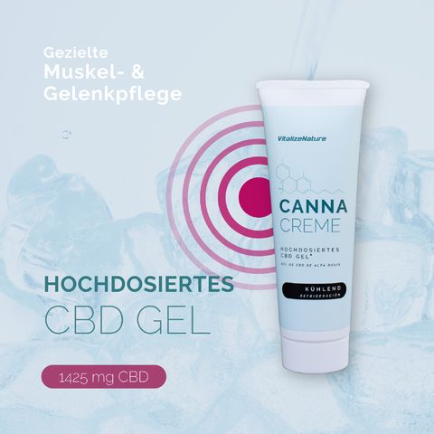 Tube de Canna Creme CBD Gel. Refroidissant. Texte: CBD Gel haute dose. 1425 mg CBD.